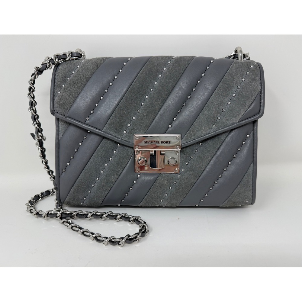 Michael Kors Rose Medium Flap Shoulder Bag Grey‎ Quilted Leather Suede